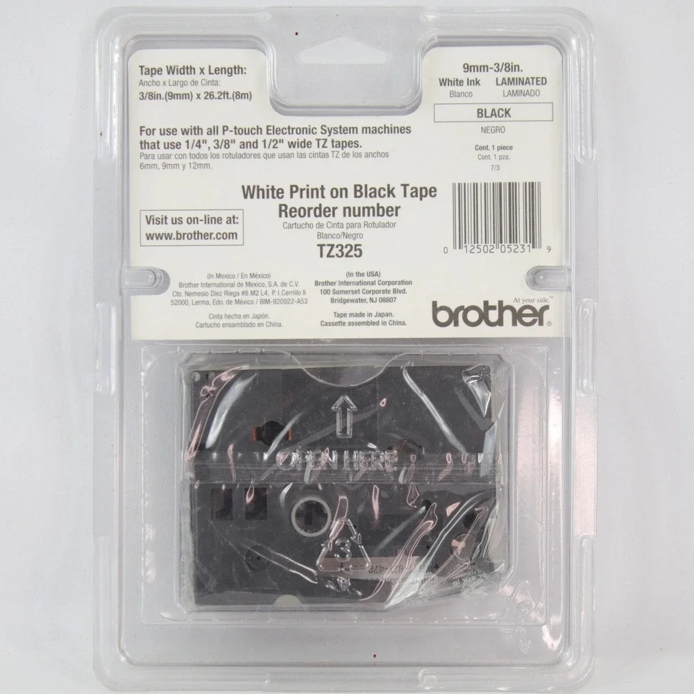 Brother P-Touch TZ-325 Label Tape 3/8 9mm White on Black 2 Pack Bundle - NEW
